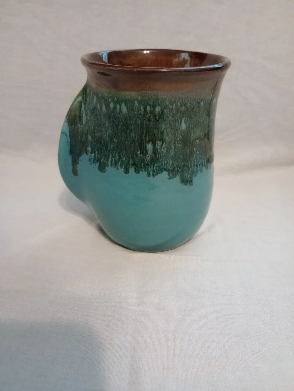 Neher Clay In Motion Ocean Tide Blue Brown Drip Glaze Right Hand Handwarmer Mug
